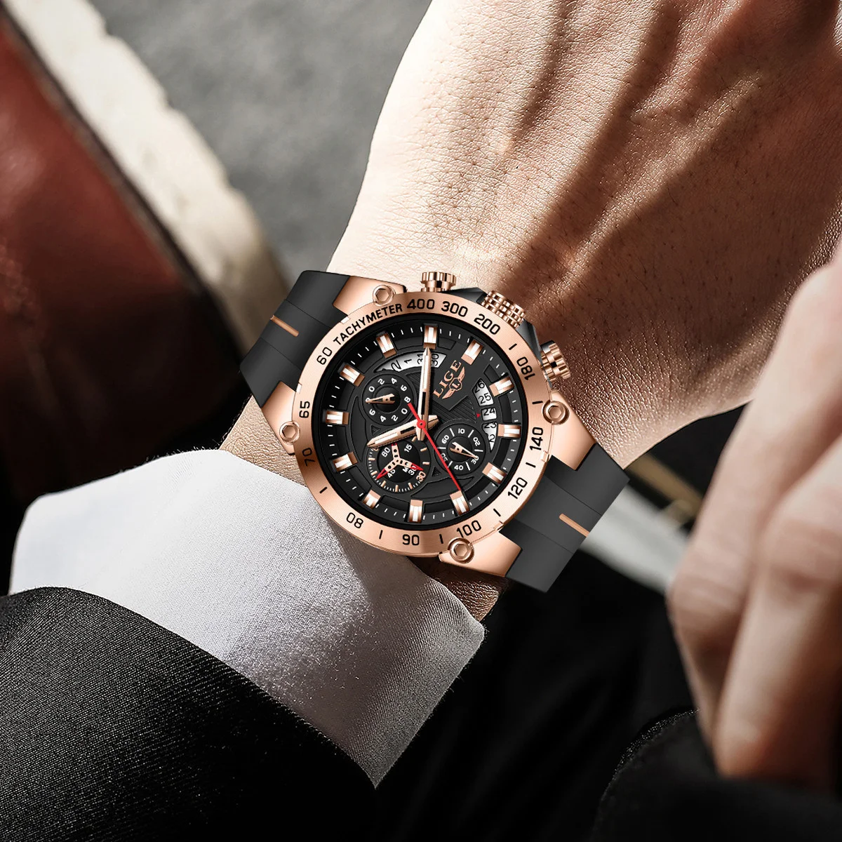 LIGE 남성용 새로운 스포츠 쿼츠 시계 패션 방수 크로노 그래프 손목 시계 부드러운 실리콘 스트랩 빛나는 달력 남자 시계