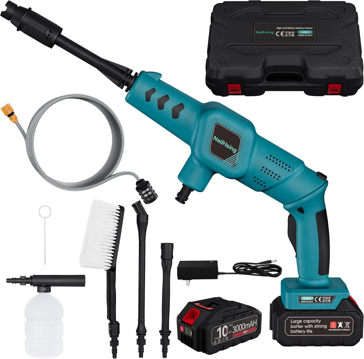 

Мойка высокого давления с батарейным питанием, 18 В, 3 насадки, шланг 16,4 фута, портативный ручной очиститель для дома, автомобиля, сада