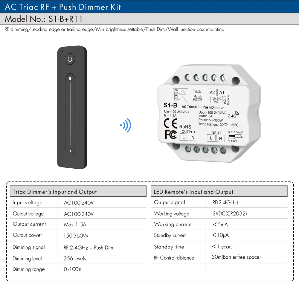 S1-B LED Dimmer 220V 2.4G RF R11 Touch Remote Triac Dimmer AC 110V 230V Dimer Push Switch for 220 Volt LED Bulb Light Lamp