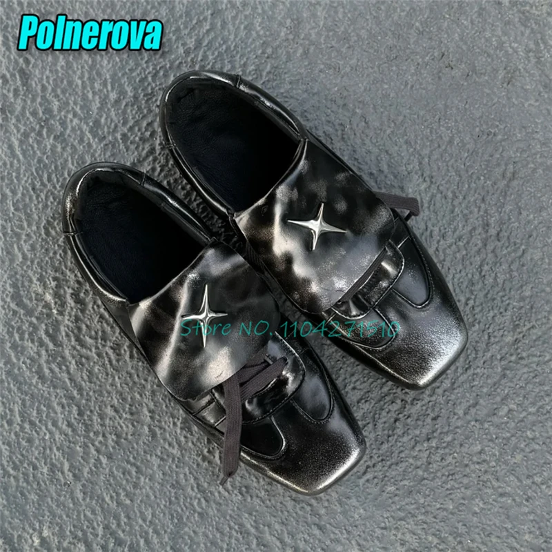 Spring Autumn New Retro Leather Training Shoes Couple Causal Shoes Niche Design Square Toe Shallow Lace Up Flats for Men Women