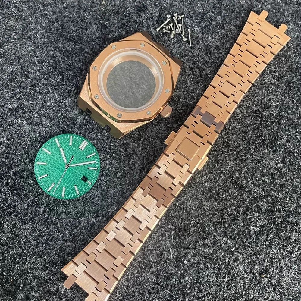 Caja de reloj chapada en PVD, oro rosa, 41mm, con correa de acero inoxidable, adecuada para movimiento NH35/NH36, cristal de zafiro azul, conjunto completo