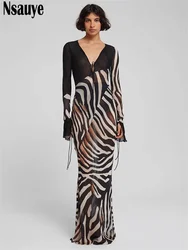 Nsauye Sexy Long Sleeve Women Maxi Birthday Party Festival Club Evening Dress Zebra Pattern Elegant Fashion Summer Dress 2024