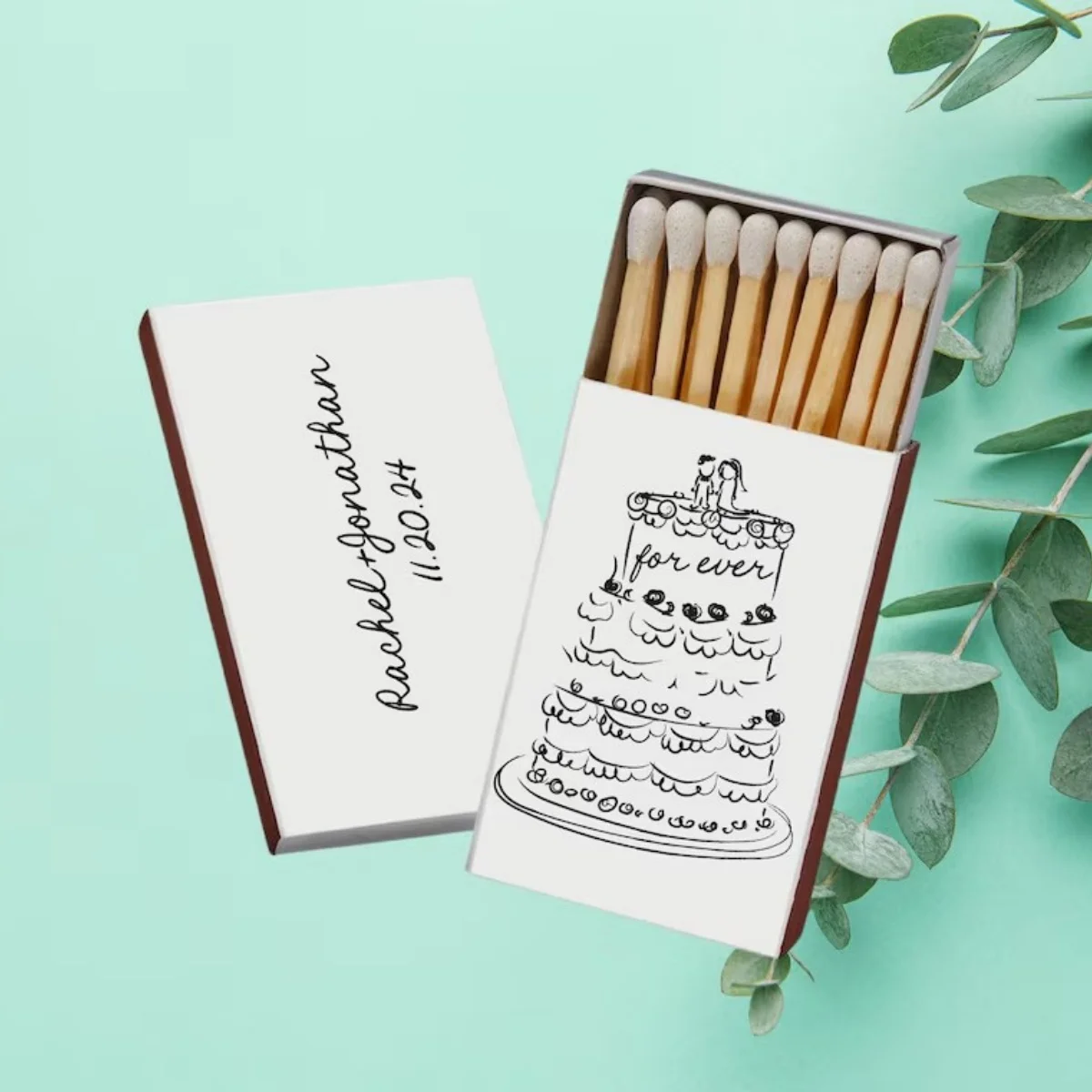 For Ever Hand Drawn Wedding Cake Personalized Wedding Match Boxes, Custom Engagement Two-Side Matches, Memorable Gifts, Party Fa