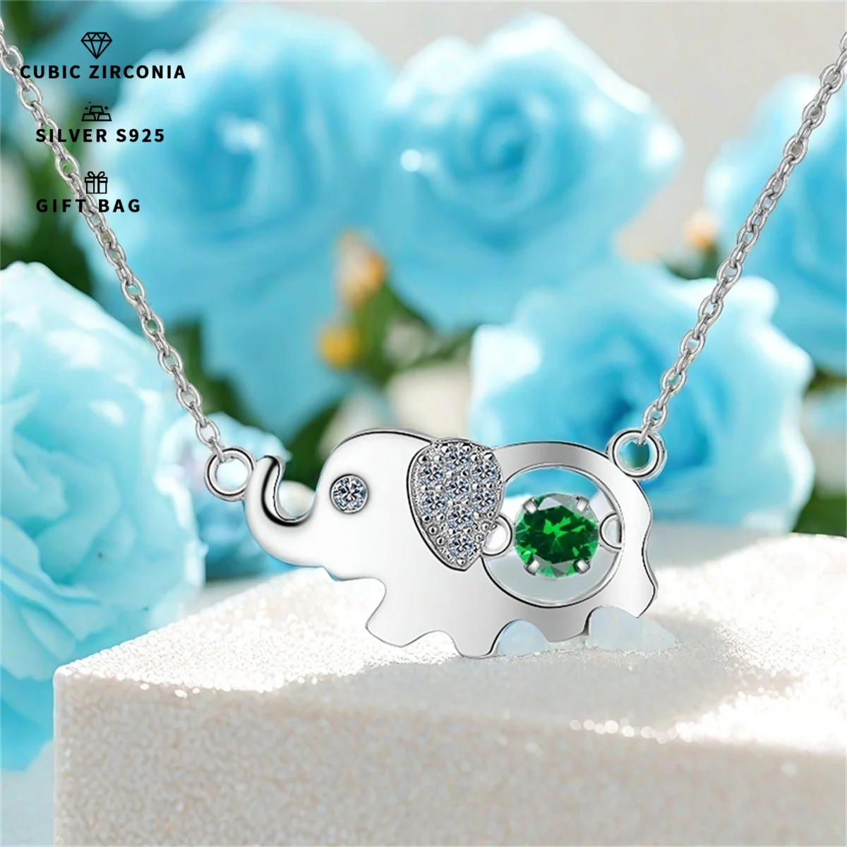 

Green zircon elephant clavicle grils chain necklace,S925 silver Platinum plating inlaid pendant,animal,cute gifts fashion