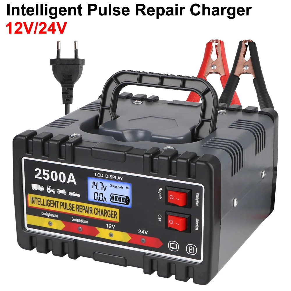 

Intelligent Pulse Repair Charger 12V24V 220W Fast Charger Digital LCD Display For Car Motorcycle Lead-acid Battery EU Plug