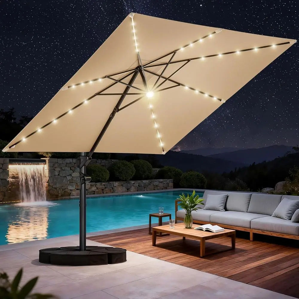 

10-Foot Square Cantilever Patio Umbrella with Base, LED Lights, and 360° Rotation for Outdoor Spaces