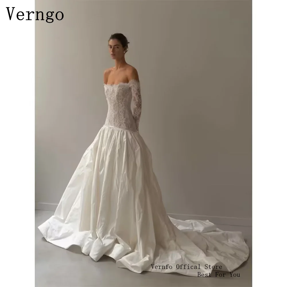 Verngo lvory Lace A Line Weddng Dress Full Sleeves Bridal Gowns Elegant Maxi Backless Zipper Bride Dresses 2027 Customized