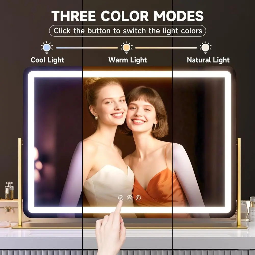 مرآة زينة LED مقاس 24 × 18 مع تكبير 5 مرات، وأضواء قابلة للتعتيم بثلاثة ألوان، وحامل هاتف ومنفذ شحن USB، 360 درجة ° قابل للدوران (ذهبي #4