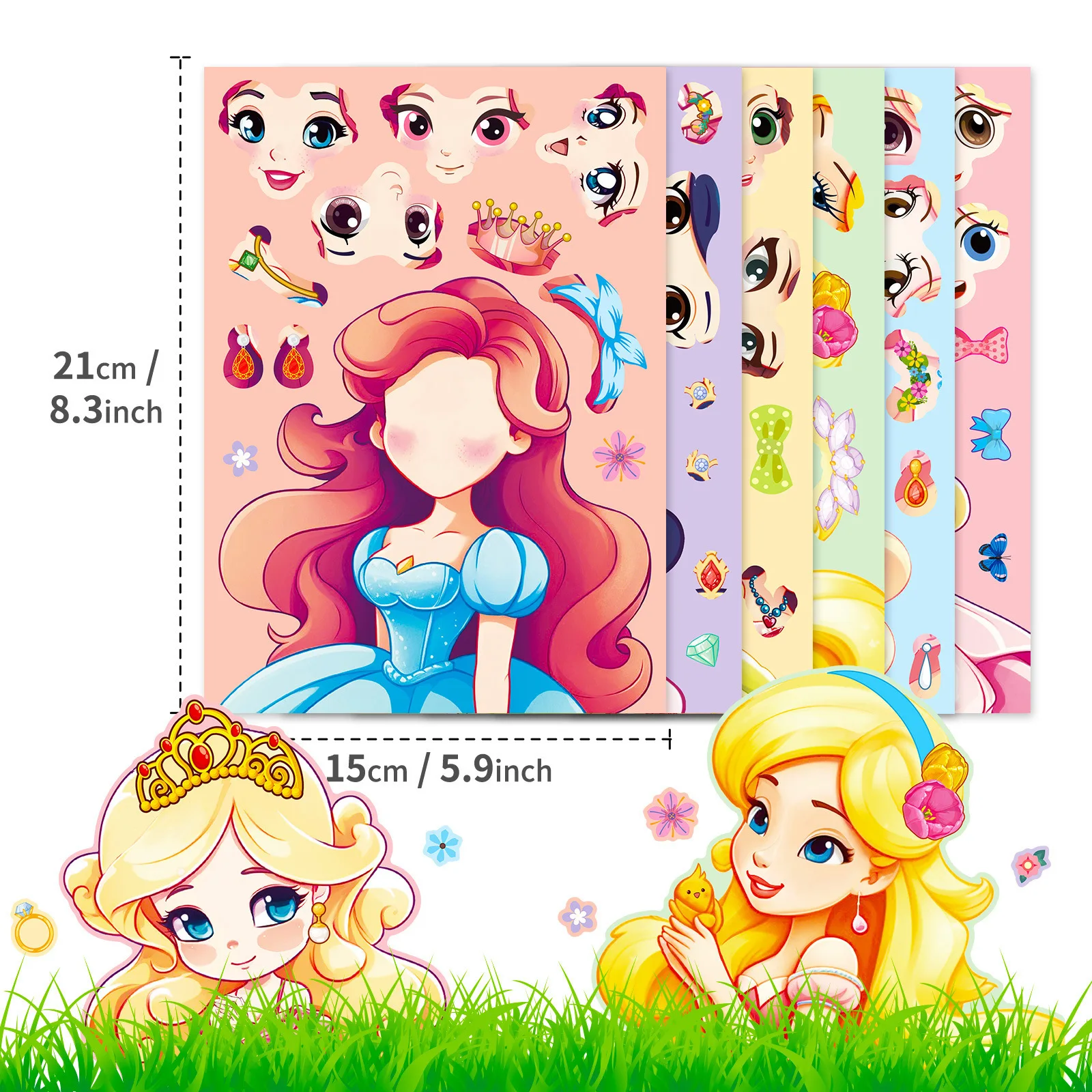 6Sheets Princess Make‑a‑Face Puzzle Stickers Cartoon DIY Mix Match Decor Stickers for Journal Scrapbook