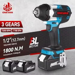 ONEVAN 1800N.M Torque Brushless Electric Impact Wrench Cordless Screwdrive Power Tool Lithium-Ion Battery For Makita 18V Battery