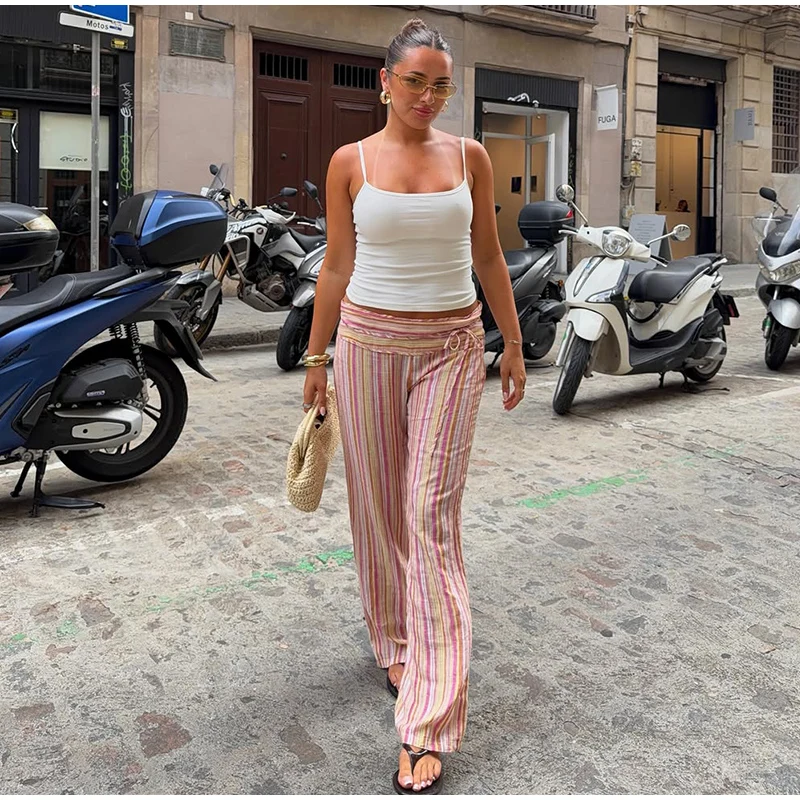 Casual Contrast Striped Women's Pants Wave Cut Elastic Waist Female Wide Leg Trousers 2026 Autumn Lady Vintage Chic Pant