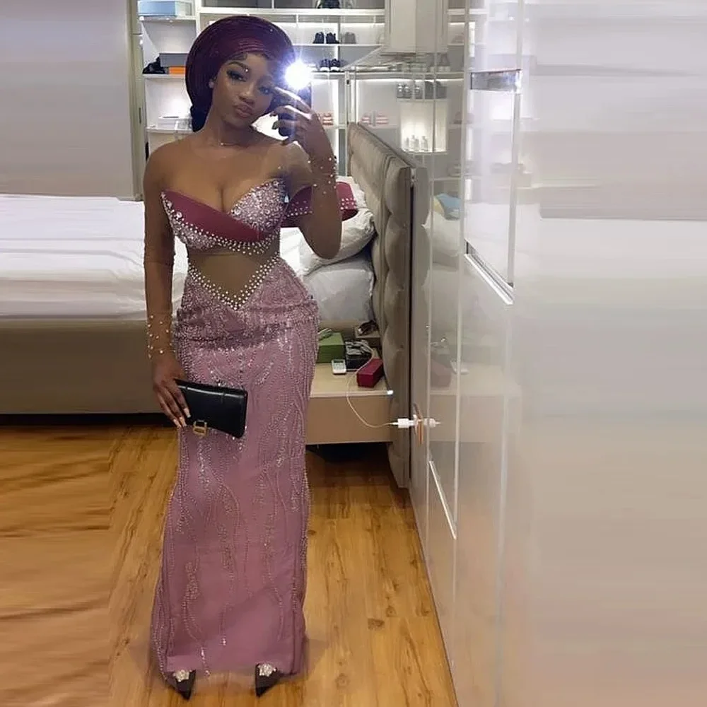 

Luxurious Mermaid Lace Rhinestone African Women's Party Evening Dress Sexy V-Neck Long Sleeved Formal Ball Dress Customized