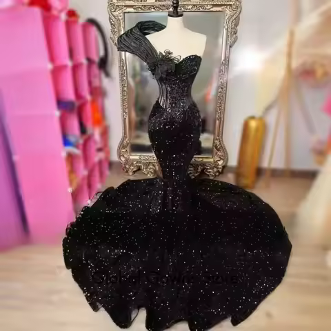 Chic Black Prom Dresses Luxury Sequin Beading Mermaid Party Dress Long Sweetheart African Evening Gowns 2025 Customized