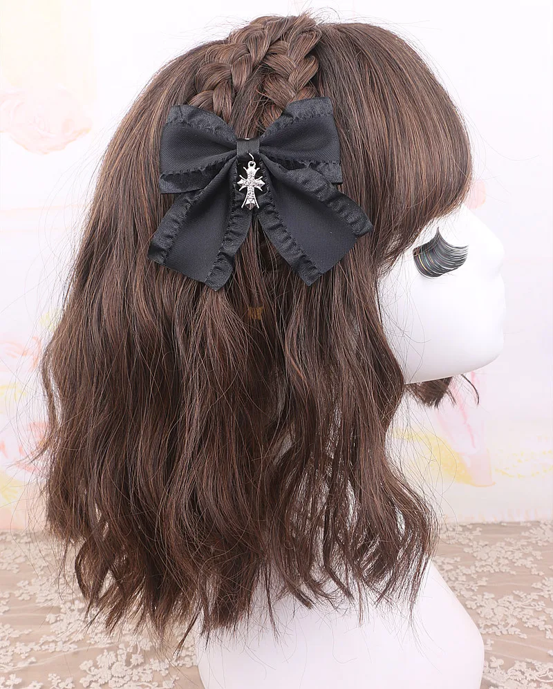 Japanese Style Lolita Sweet Rhinestone Cross Pendant Hairclip Handmade 2023 New Cool Cute Wooden Ear Cross Bow Barrettes Female