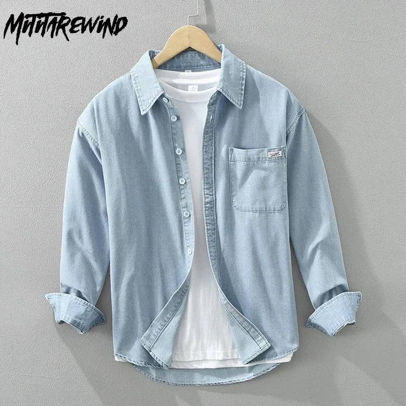 

Spring Fall Denim Shirt Men Japanese Style Long Sleeve Blue Jean Shirts Man Daily Casual Lapel Pocket Shirt Simple Ropa Hombre