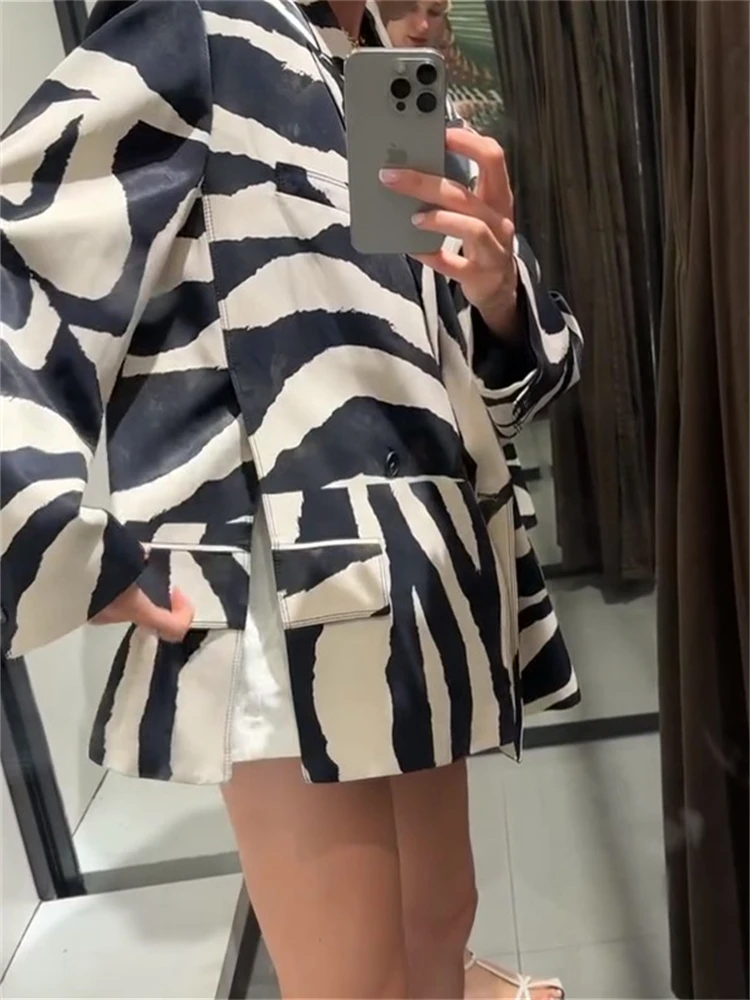 

Модный пиджак большого размера с принтом зебры, двубортный женский шикарный свободный крой, верхняя одежда с воротником с лацканами, осенняя повседневная одежда