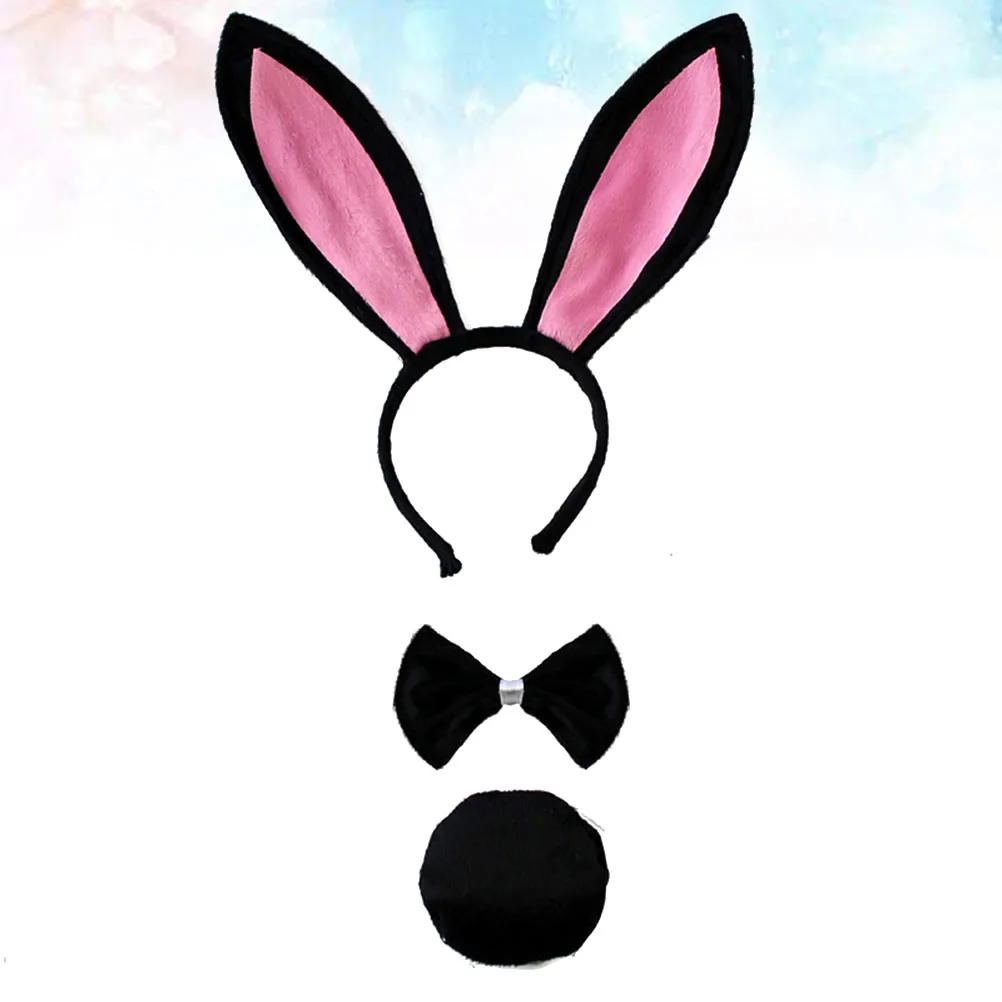

3Pcs Rabbit Ear Hair Hoop Set Black Fancy Dress Costume for Holiday Party Masquerade Bunny Headdress with Bow and Tail
