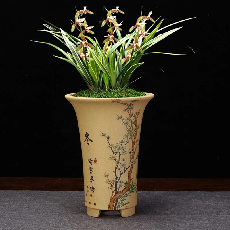 NEW Chinese Purple Sand Plant Pots De Fleurs Four Seasons Printing Table Top Orchid Pot Living Room Jarrones Decorativos Vintage