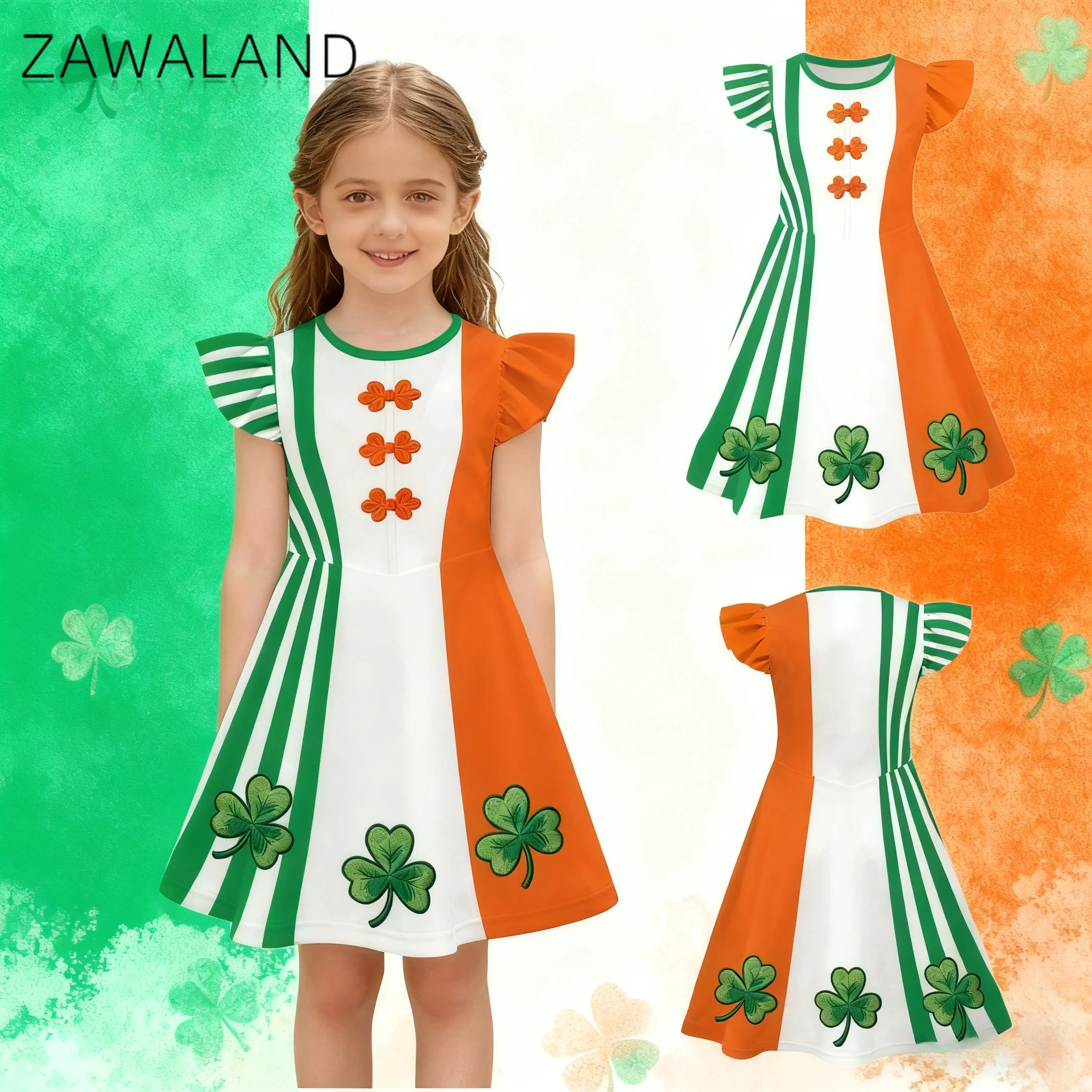 

Shamrock Pattern Dress Irish Flag Color Cosplay Costume St. Patrick's Day Strips Flying Sleeve Dresses Carnival Festival Clothes