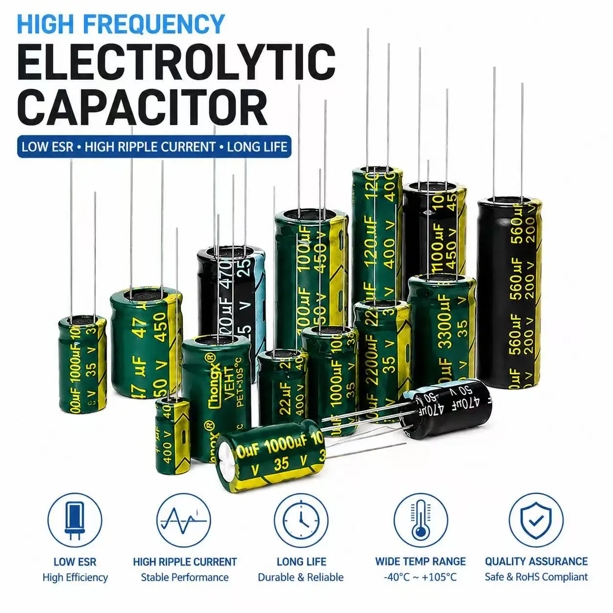 High Frequency Electrolytic Capacitor 16V 25V 35V 50V 63V 100V 200V 400V 20% 100UF 220UF 330UF 470UF 680UF 1000UF 2200UF 3300UF