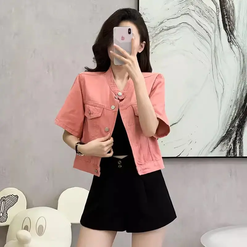 Chaqueta de mezclilla rosa de manga corta, abrigo holgado con cuello de solapa, informal, versión coreana, estilo corto, Top, K1842