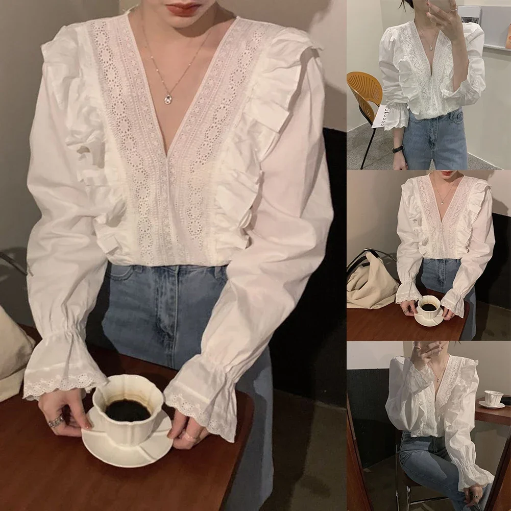 Women\'s Spring Elegant Ruffles Tops Casual V-Neck Long Sleeve Blouses Female Elegant Loose Tunic White Blouses Fashion 2024