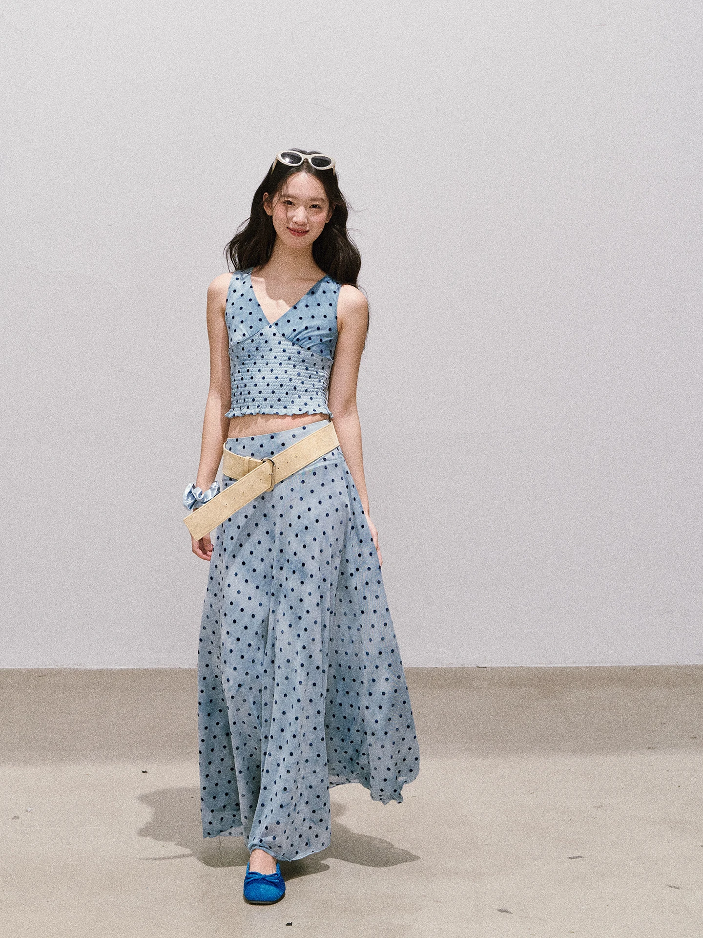 

Soolrok Polka Dot Me Crop Top And High Waist Skirt Set Women's Spring Faion Two-Piece Outfit ort Sve V-Ne Vest