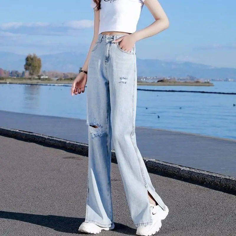 2023 Lente/Zomer Nieuwe Breakout Split Stijl Jeans Voor Vrouwen Hoge Taille Slanke Losse Mode Wijde Pijpen Broek Trend