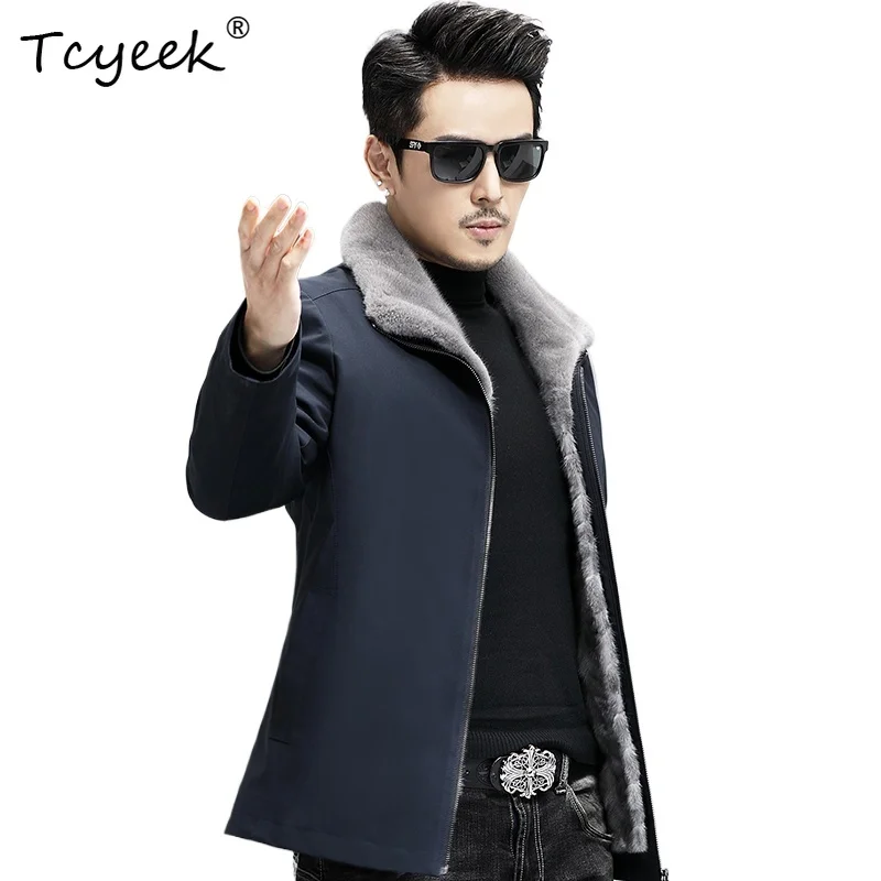 

Tcyeek Genuine Mink Inner Liner Autumn Winter High End Trendy Casual Navy Blue Lapel Men's Parka Casaco Inverno Masculino