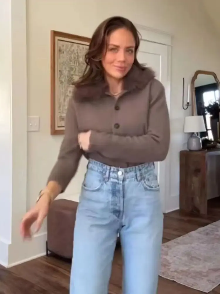 

HH Women Fashion Versatile Faux Fur Effect Lapel Single Breasted Knitted Jacket Female Winter Temperament Long Sleeve Warm Coat