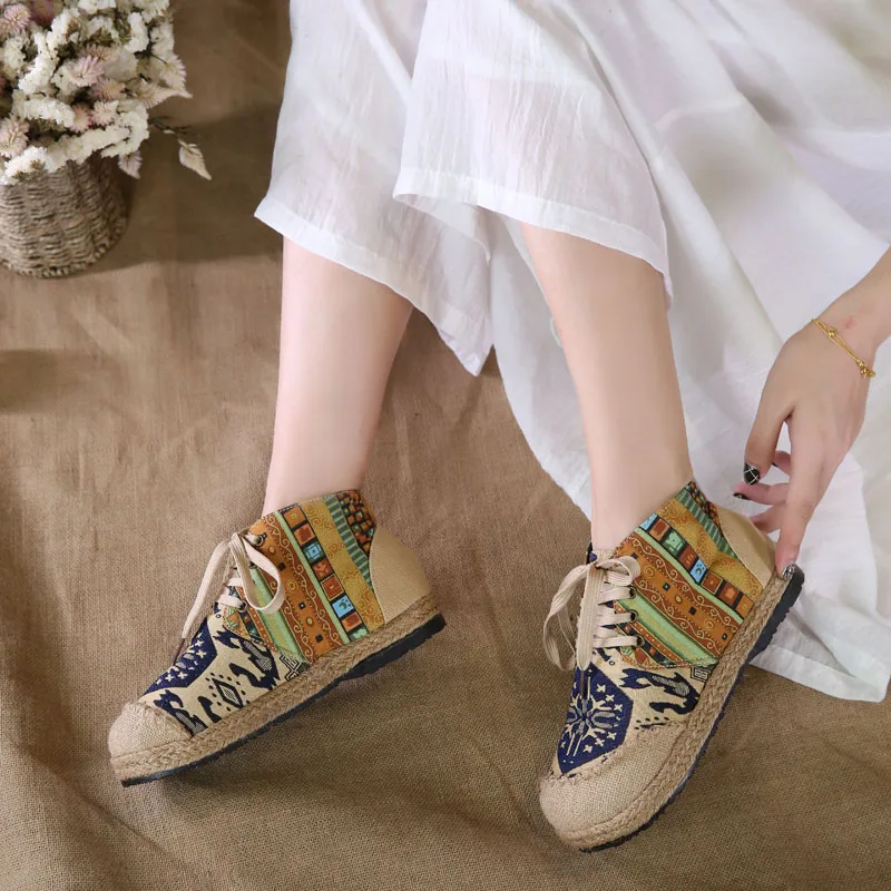 Women Shoes Boho Cotton Linen Canvas Single National Woven Round Toe Lace Up Cloth Shoes Woman Flats Size 35-40