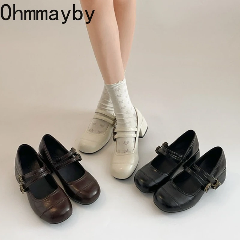 

Винтажные женские туфли Мэри Джейн на толстом каблуке, модные туфли с металлическим ремешком и пряжкой, женские уличные элегантные модельные туфли-лодочки, новинка 2026, весна