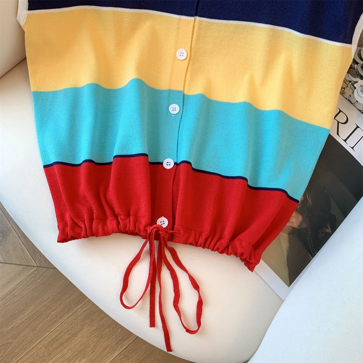 Dopamina colorido listrado camisola coletes feminino malha topos camisetas 2025 verão cordão elegante chique moda malhas camisetas