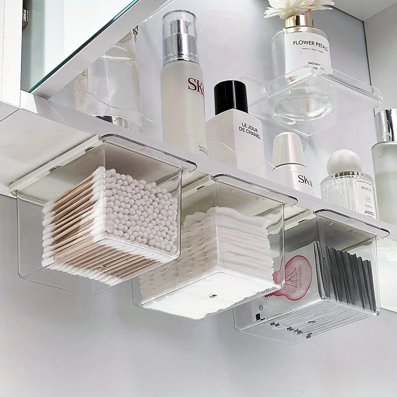 Bathroom Pull-Out Storage Drawer Style Storage Box Under The Mirror Cabinet  Transparent Bathroom Cotton Stick Makeup Cotton