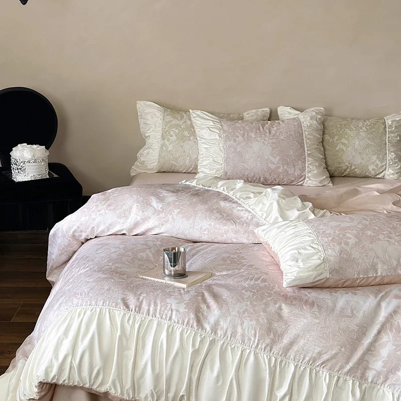 

High-end Satin Bedding Set 100% Cotton Printed Luxury Duvet Cover Set with Sheets Comfor Pleated Lace Quilt Cover and Pillowcase