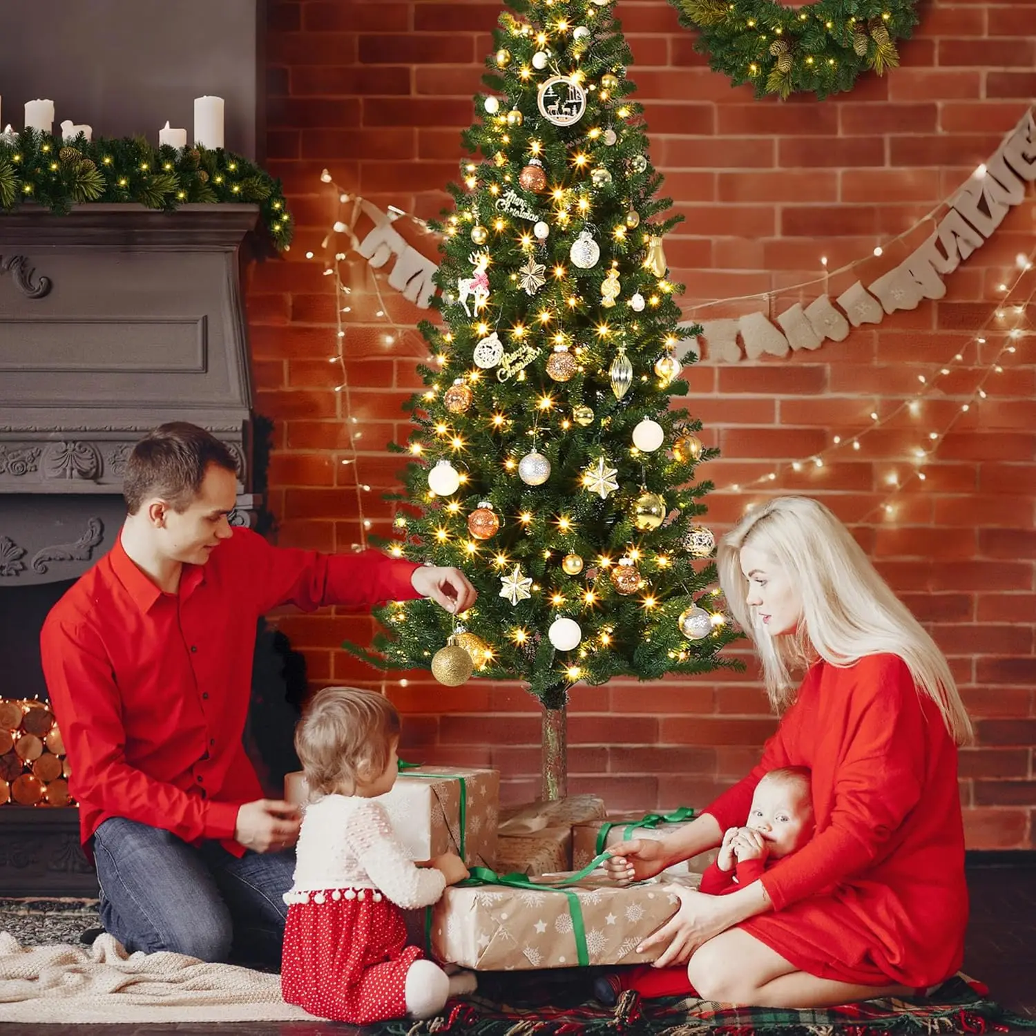 

6FT/7.5FT Christmas Tree Artificial Prelit Slim Pencil Tree With Warm White Lights Metal Stand Easy Assemble Xmas Decor for Home