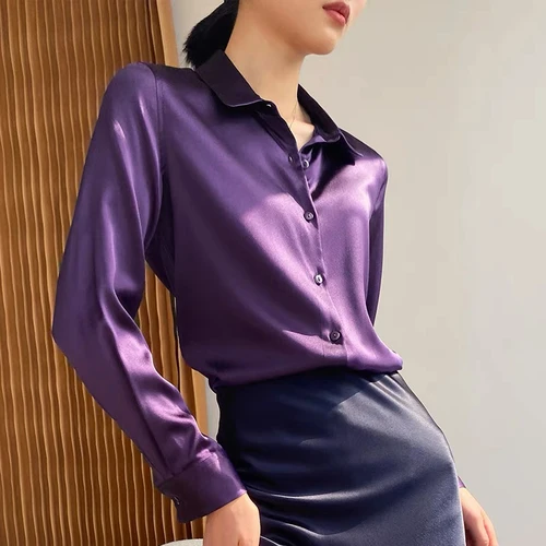 Imagen 2 del producto Primavera otoño elegante blusa de satén para mujer 2025 nueva manga larga cuello vuelto coreano Casual suelta Oficina señora camisas Mujer