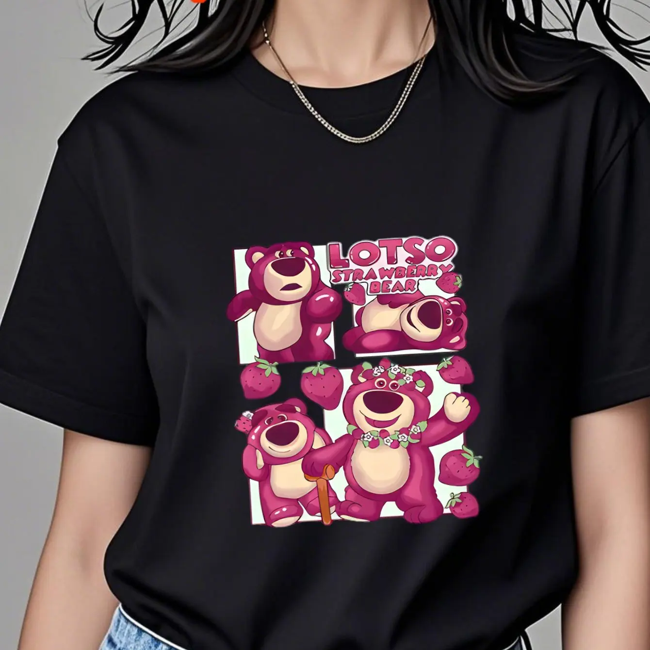 

Летняя футболка Disney Lotso, хлопковая мужская и женская уличная одежда, повседневная модная свободная футболка большого размера с короткими рукавами, унисекс, наряд для мероприятий