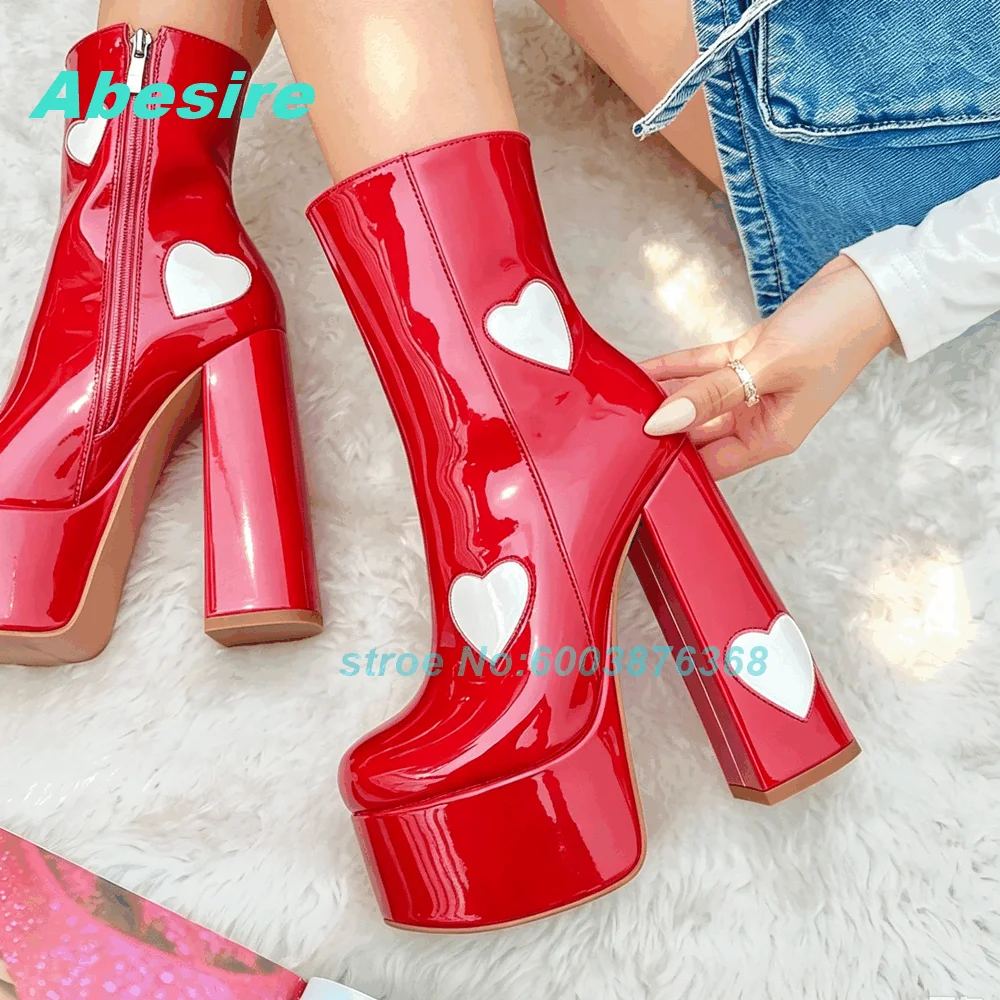 Y2K Sweet Lolita White Heart Patch Ankle‑Booties Platform Red Patent‑Leather Chunky Block‑Heel Boots Cosplay Club Party Shoes