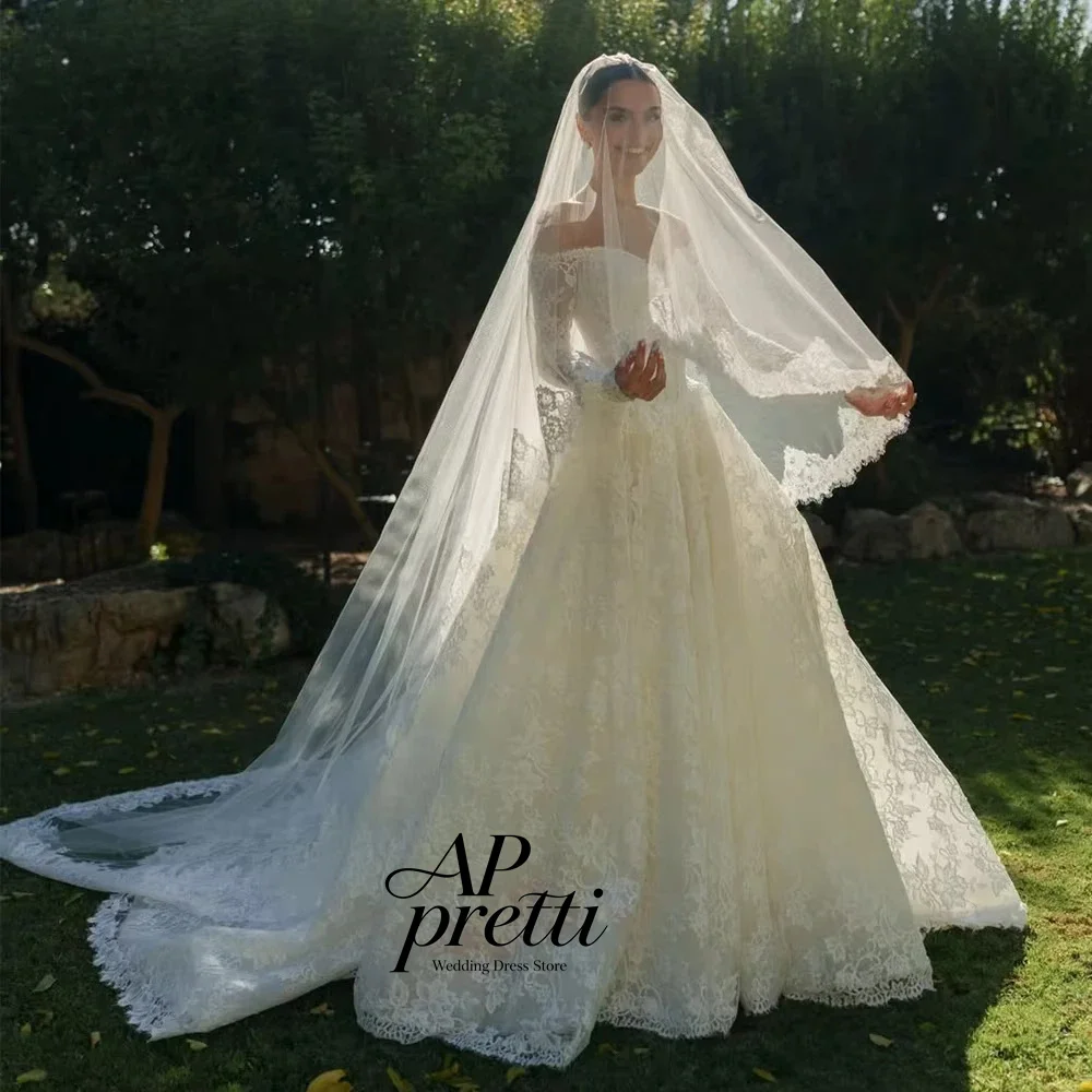 AP pretti Customized Luxury Applique Lace A-line Wedding Dresses For Woman 2026 Off the Shoulder Long Sleeves Bride Gown