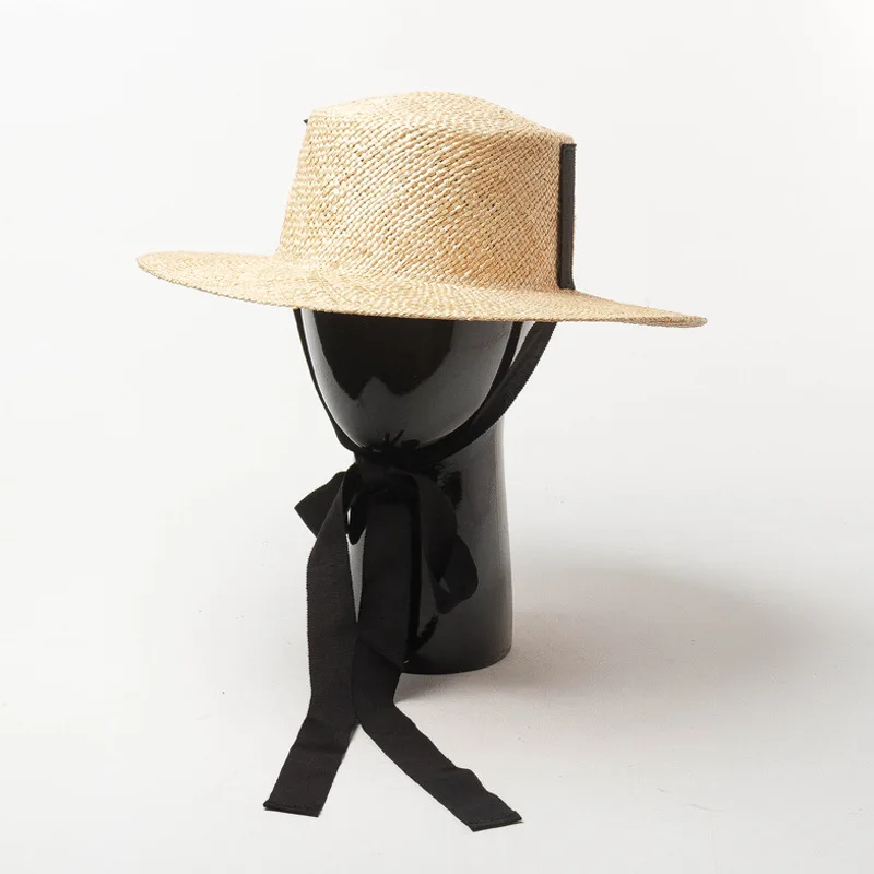 X452  Outdoor Tourism Sun Cap Beach Hat Flat Top Wide Brim Sun Hat Vintage Boater Straw Hat Classic Ribbon Raffia Hat Derby Hat