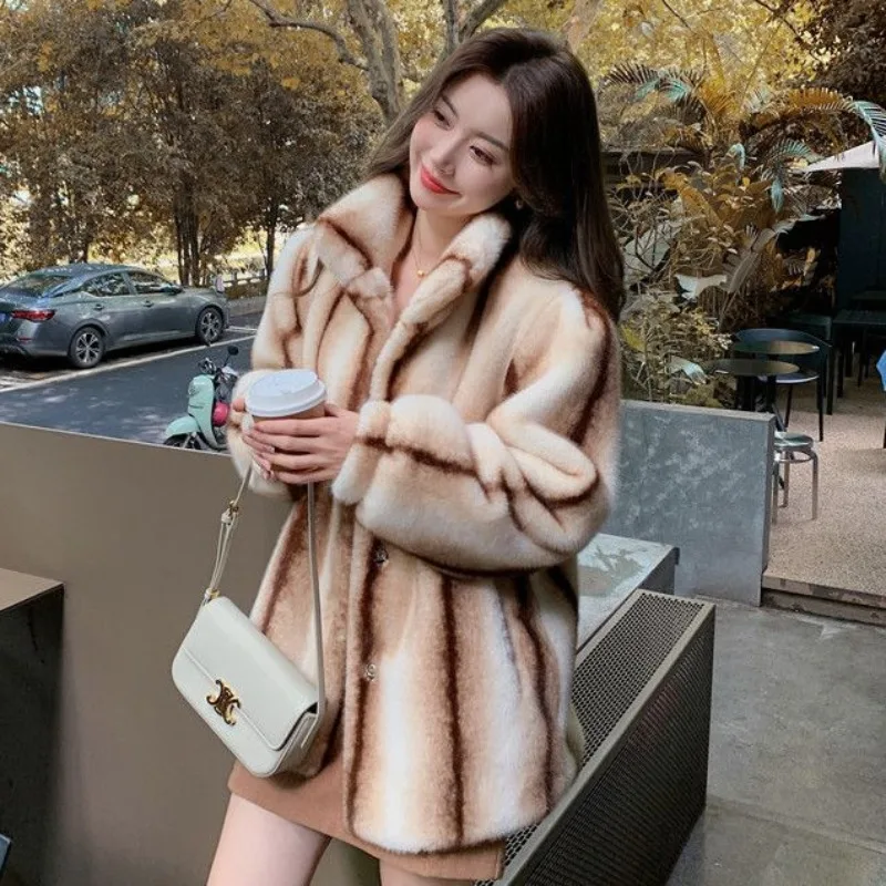 Women Fashion Retro Eco-friendly Fur Coat Winter New Female Mid-Length High-Grade Loose Casual Mink Fur Thicken Fleece Overcoat