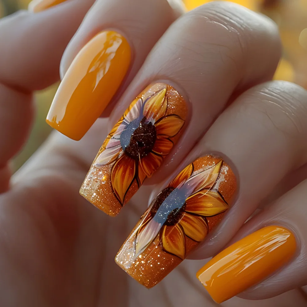 24pcs Coffin Autumn Yellow False Nails with Sunflower Glitter Designs Press On Acyrlic Nails Long Ballerina Fake Nails Wearable