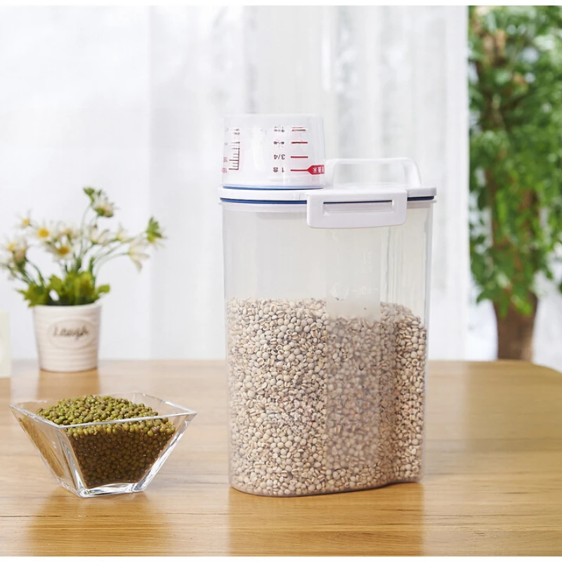 1500/2500ml Rice Bucket with Measuring Cup Handle, Transparent, Moth Proof, Moisture-proof, Mixed Grain Bucket, Kitchen Storage