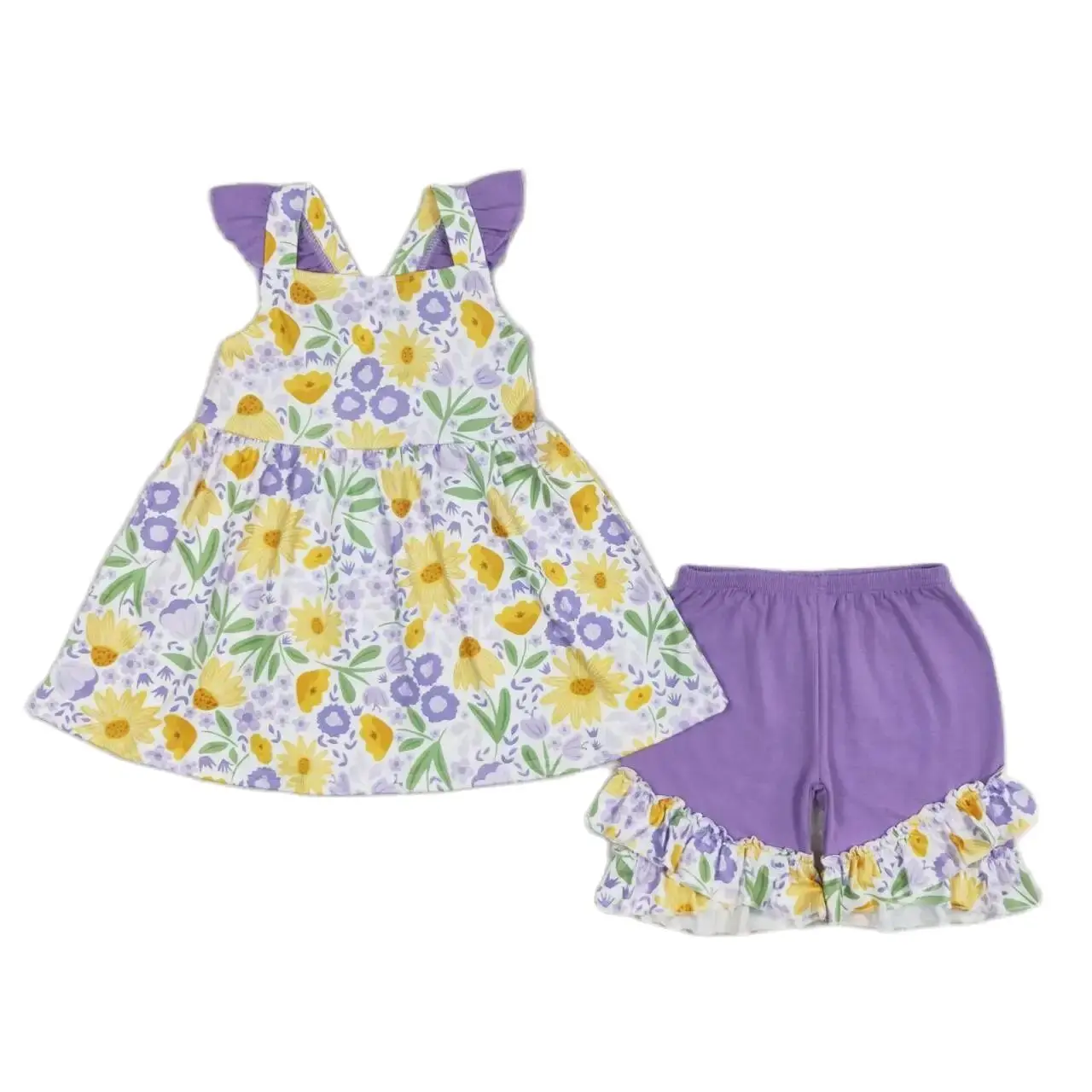 

GSSO1177 Kids Girls Summer Outfit Sets Flying Sleeves Top Pink Purple Flowers Print With Shorts Children Clothes