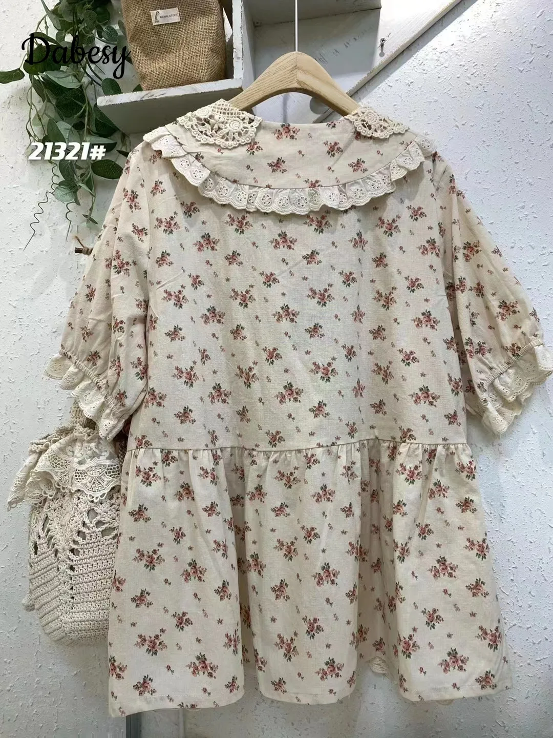 Mori Girl Cotton Linen Lolita Blouses Women Vintage Kawaii Bow Lace-up Hollow out Peter Pan Collar Patchwork Flower Shirt Tops