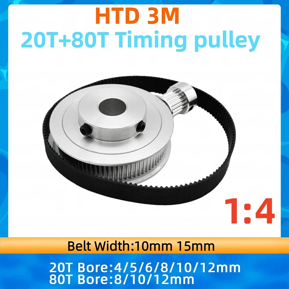 HTD 3M Timing Pulley Kit 20Teeth 80Teeth 1:4 Reduction Ratio Arc Synchronous Belt Optional Kit HTD 3M 20Teeth 80Teeth Pulley