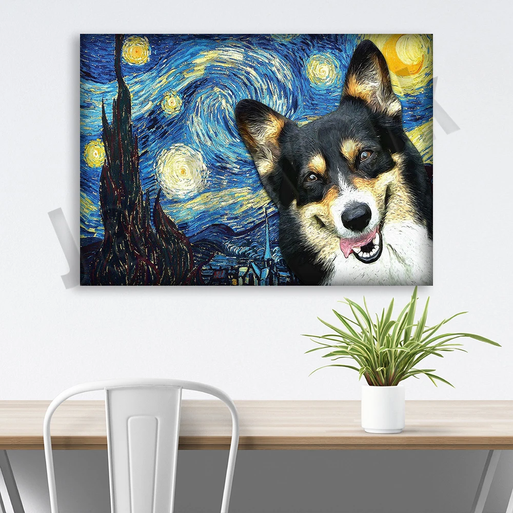 Black and Tan Corgi Starry Night Van Gogh Vintage Poster Home Living Decor Wall Art Picture, Exclusive Gift