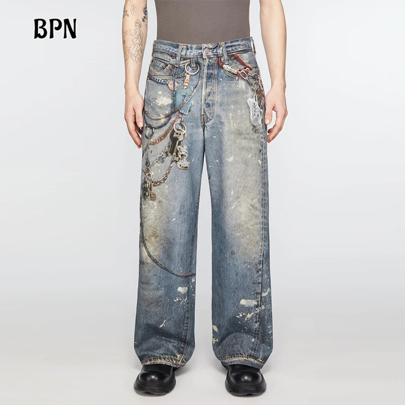 

BPN Printing Vintage Loose Jeans For Women High Waist Patchwork Pockets Straight Chic Tide Denim Trousers Female Fashion Style