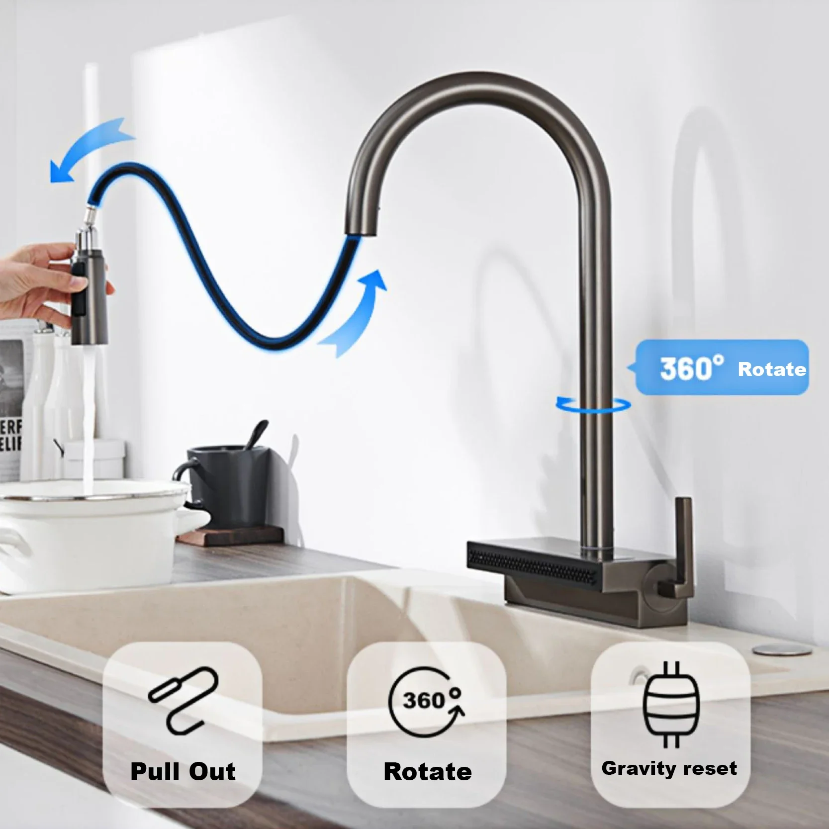 

Luxury Gunmetal Brass Kitchen Faucet, Led Digital Display, Single Hole Pull Out Design, Two Modes Ceramic Valve